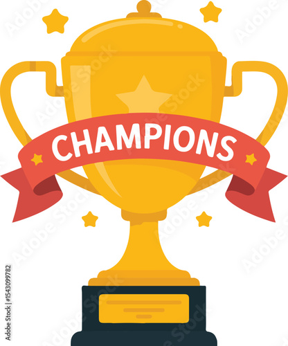 Gold Champions Trophy Flat Design Illustration Red Ribbon Yellow Stars