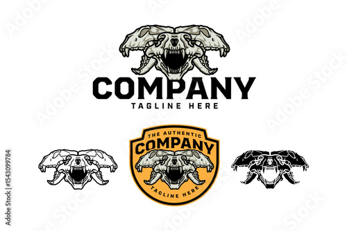 Tiger head skull with front and side view badge logo vector design set for wildlife, adventure, hunter. Wild tiger cranium vintage illustration emblem logo collection with colorful, outline and glyph