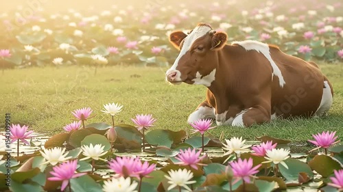 Cow resting amidst lotus flowers