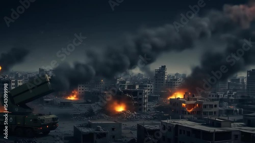 War zone missile launch visual dramatic city ruins warfare missile system high contrast nighttime missile firing overhead war footage military combat disaster aerial shot