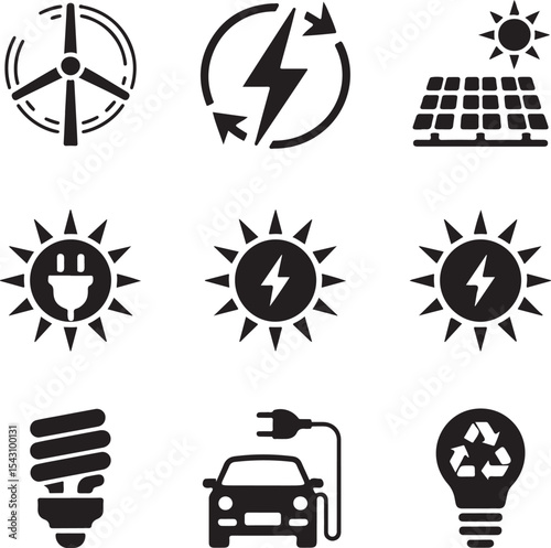 Nine Black and White Renewable Energy Icons collection