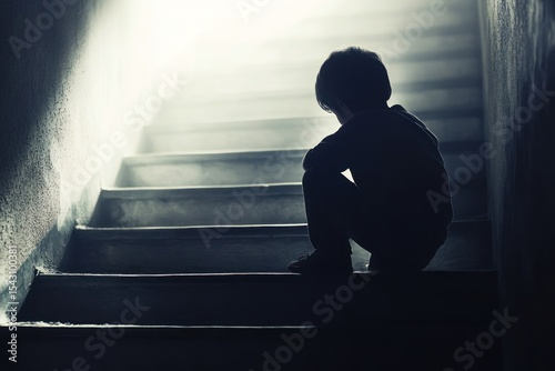 Child mental health awareness image, lonely boy crouched on stairs in shadowy light