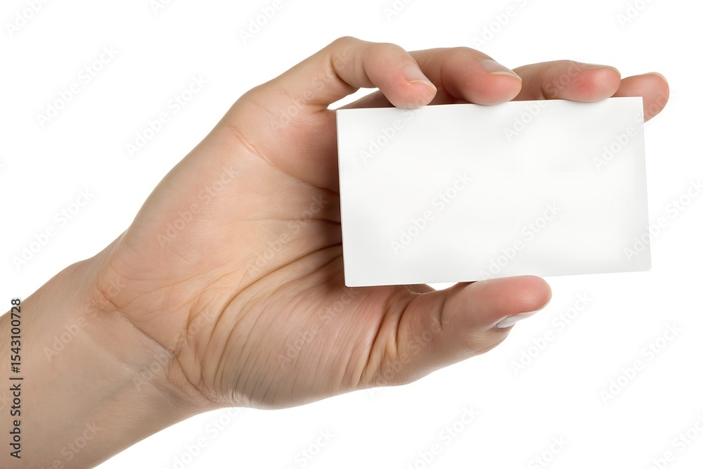 Obraz premium Human Hand Holding Blank White Card on Pure White Background – Minimalist Mockup for Branding Use