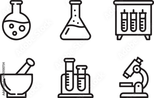 Six Black and White Line Art Science Icons monochrome