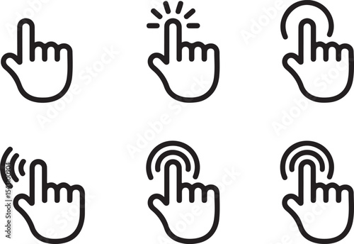 Six Black and White Hand Cursor Icons Line Art Set