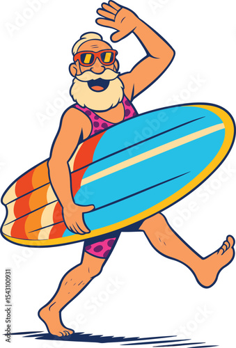 Grandfather wear swimsuit summer vacation resort surfing vector illustration