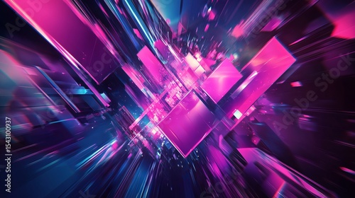 Abstract background features pink cyan and purple geometric shapes enhanced with a digital glitch effect This design is full of energy