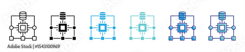 data circuitry icon set. containing data management and AI driven computational power thin line and color style icon symbol sign. vector illustration