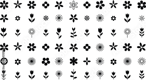 Assorted black flower icons arranged in rows on a white background