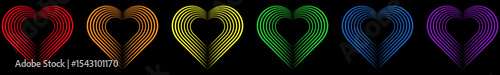 Vibrant six heart shapes created from multiple red outlines nested within each other, representing the colors of the rainbow, diminishing in size towards the center against a contrasting dark backdrop