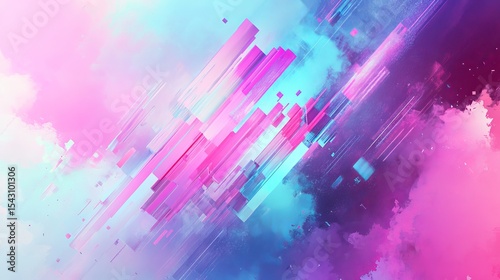 Abstract background features pink cyan and purple geometric shapes enhanced with a digital glitch effect This design is full of energy