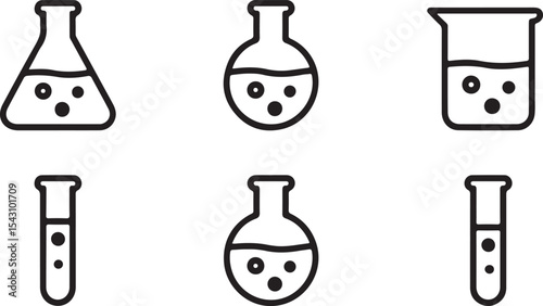 Six Black Line Art Science Icons Flasks Test Tubes