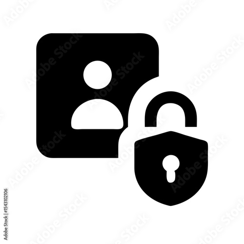 Black vector icon showing a user profile with a padlock, representing secure account access, privacy, and personal data protection.
