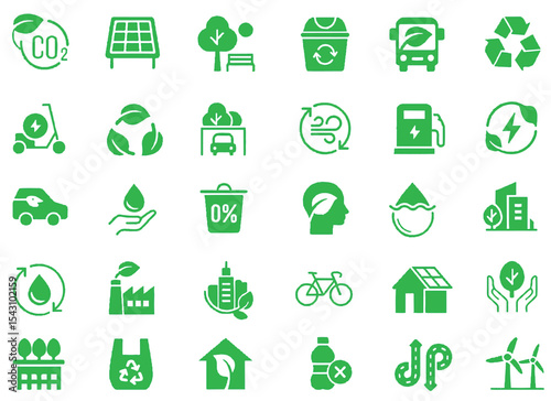 Eco-Friendly Icons: A collection of diverse and minimalist green icons representing various aspects of environmental sustainability. Emphasizing eco-friendliness, green energy, and conservation.