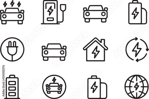 Twelve Black and White Electric Vehicle Line Art Icons