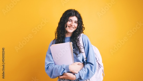 Fotografie Smiling student holding books and wearing backpack on yellow background