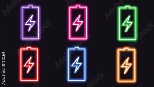Glowing neon six color mobile battery charging icon. Abstract battery neon icon in futuristic bright polygonal style, with charging symbol. Vector Illustration 