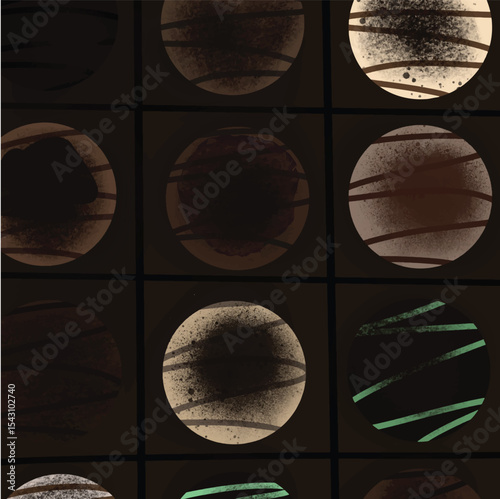 Elegant chocolate truffle pattern with dark background, perfect for Chocolate Day celebration designs, confectionery packaging, and gourmet dessert visuals.