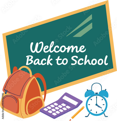 Photorealistic Back to School Still Life with Gold Backpack and Chalkboard Lettering on Teal Background