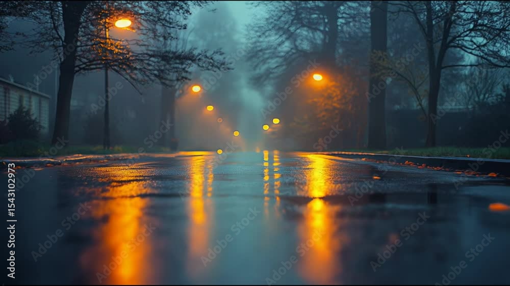 The camera flies over wet asphalt. A deep blue foggy evening in the suburbs, where the orange lights of the street lamps are reflected in puddles on the asphalt.