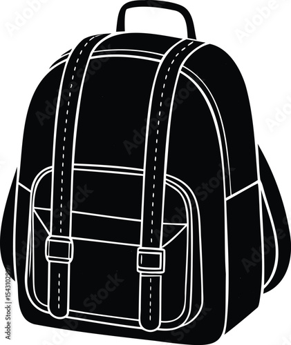 Graphic monochromatic depiction of a backpack or rucksack with buckles