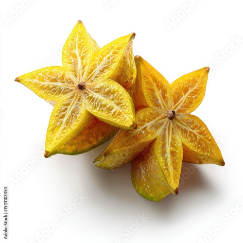 Two star fruit halves, vibrant yellow, stacked,  with detailed segments,  against a white background