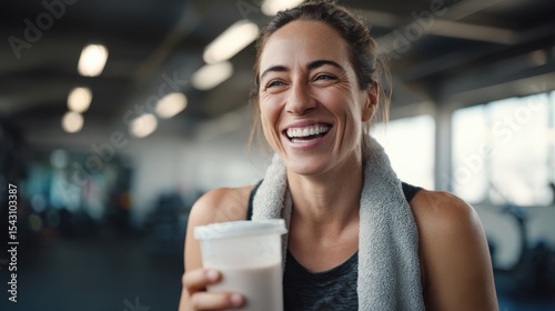 A cheerful athletic woman at the gym smiles broadly while holding a protein shake after a vigorous workout, enjoying the feeling of accomplishment and vitality.
