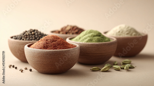 Indian spice powder in ceramic bowl with cardamom and peppercorns, colorful seasoning variety for cooking and flavorful cuisine preparation