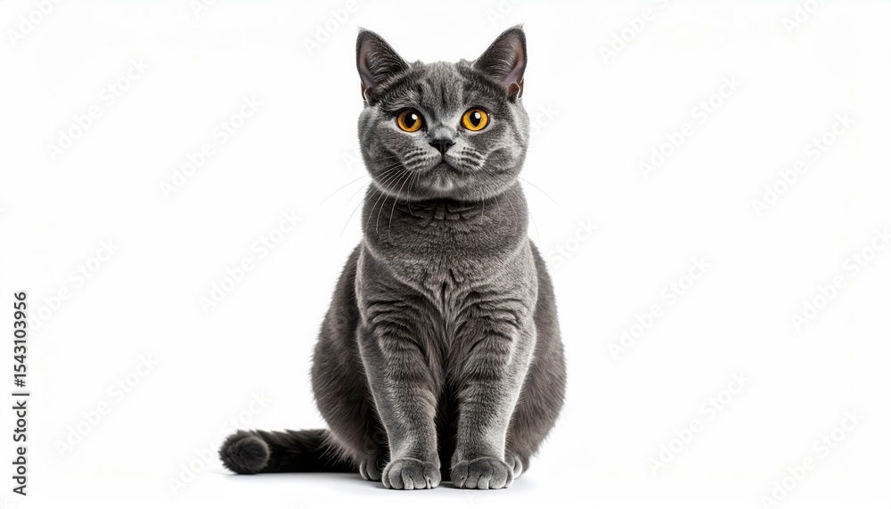 Fototapeta premium Adorable Grey British Shorthair Cat Sitting Studio Shot White Background Pet Portrait