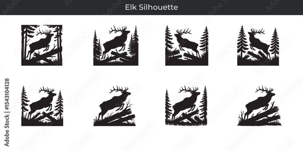 Fototapeta premium Elegant black elk silhouette with antlers jumping over fallen logs in forest landscape
