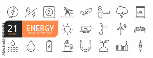Set of line icons related to energy, electricity, gas and more. Outline icons collection. Editable stroke. Vector illustration.
