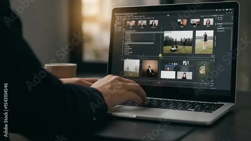 Person working on video editing software on laptop