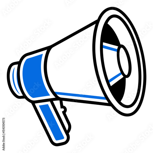 White Megaphone with Blue Accents and Black Outline on a White Background