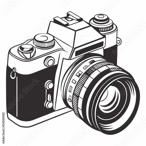 Monochrome Illustration of a Classic Single Lens Reflex Camera with Detailed Lens