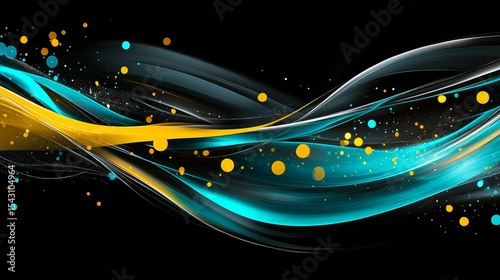 Abstract digital art with wavy lines with glowing turquoise and yellow dots The glossy texture and black background create a sleek futuristic design