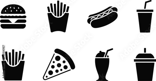 Black and white icons of fast food items arranged on a white background