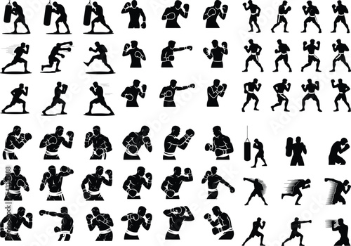 Boxer Punching Icon Silhouette Set – Powerful Combat Poses Fighter in Action Silhouette Set – Boxing Sports Icon Collection