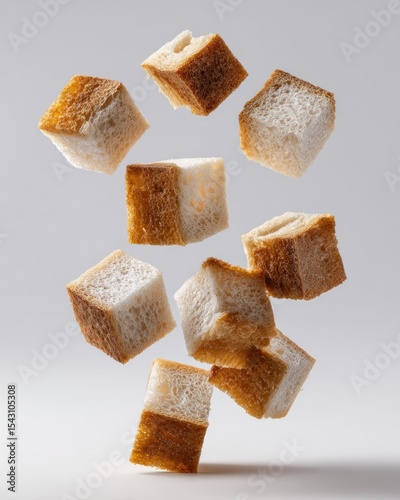 Crispy Bread Cubes in Mid-Air