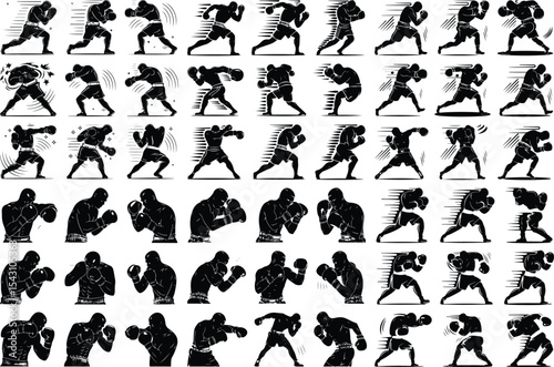 Boxer Punching Icon Silhouette Set – Powerful Combat Poses Fighter in Action Silhouette Set – Boxing Sports Icon Collection
