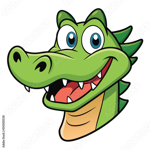 Cartoon smiling green crocodile head with big blue eyes and spiky back appears friendly