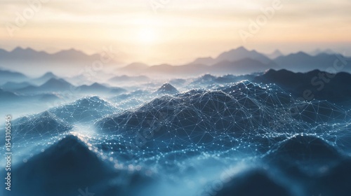 Abstract digital background with low-poly lines and connections forming a detailed network on a foggy mountain surface The soft gradient sky and dreamy atmosphere combined with gentle lighting