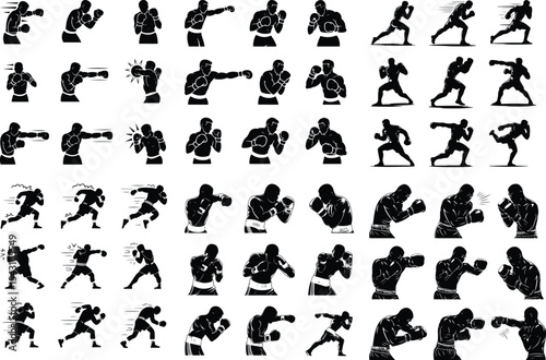 Boxer Punching Icon Silhouette Set – Powerful Combat Poses Fighter in Action Silhouette Set – Boxing Sports Icon Collection