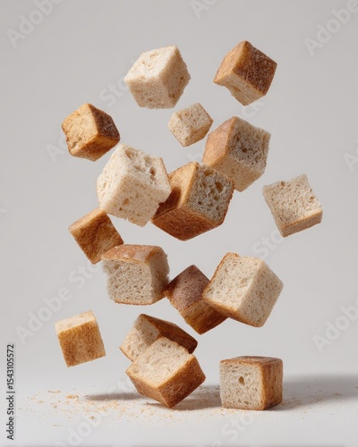 Baked bread cubes in mid-air