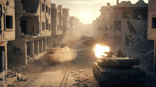 Desolate urban street scene with military vehicles during daylight in post conflict area