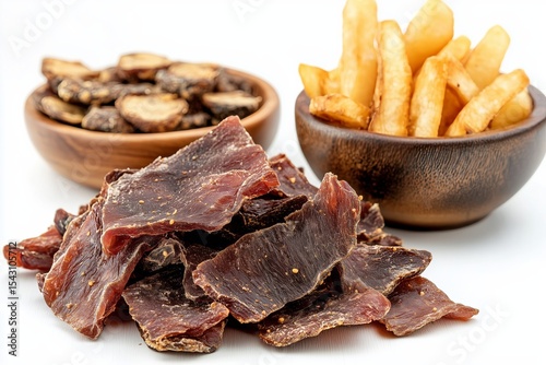 Dried meat biltong with crispy fries and savory snacks on white background