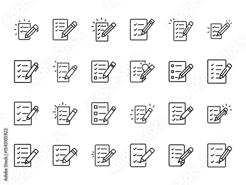 Light-Up Pencil Writing on Checklist Icon – Glowing Outline Symbol for Tasks, To-Do Lists, Productivity Planning, and UI Design on White Background