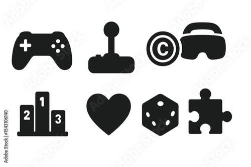 Gaming Icon Set. Solid style icons of gaming and entertainment: gamepad, joystick, VR mask, game coin, leaderboard, heart life