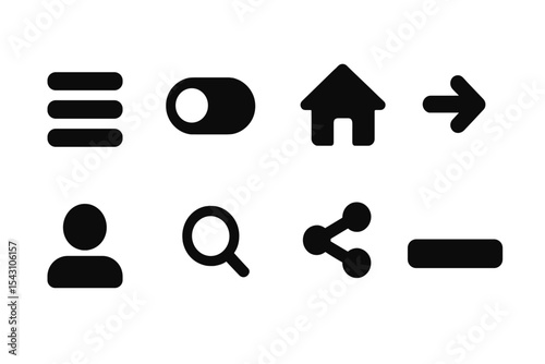 Mobile UI Icons. Solid style icons of mobile app UI: hamburger menu, toggle switch, home icon, back arrow, user avatar, search