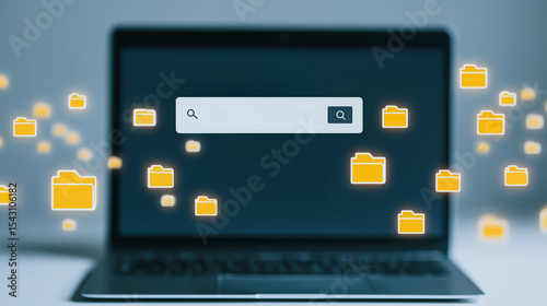 Digital Search: A laptop displays an illuminated search bar on the screen, with digital folders floating around it.