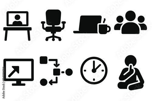 Remote Work Essentials Icons. Solid style icons of remote work essentials: video call desk, home office chair, laptop and coffee,